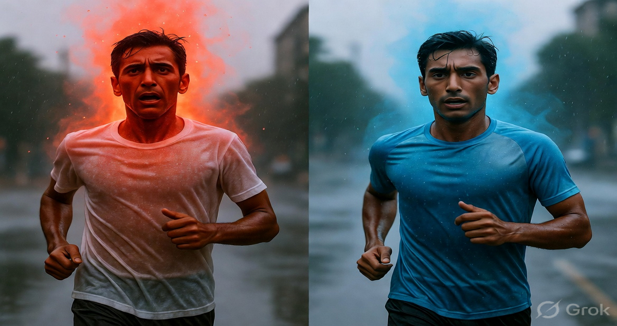 Man jogging in humid weather wearing lightweight sports t-shirt under ₹300 compared to sweat-soaked cotton tee